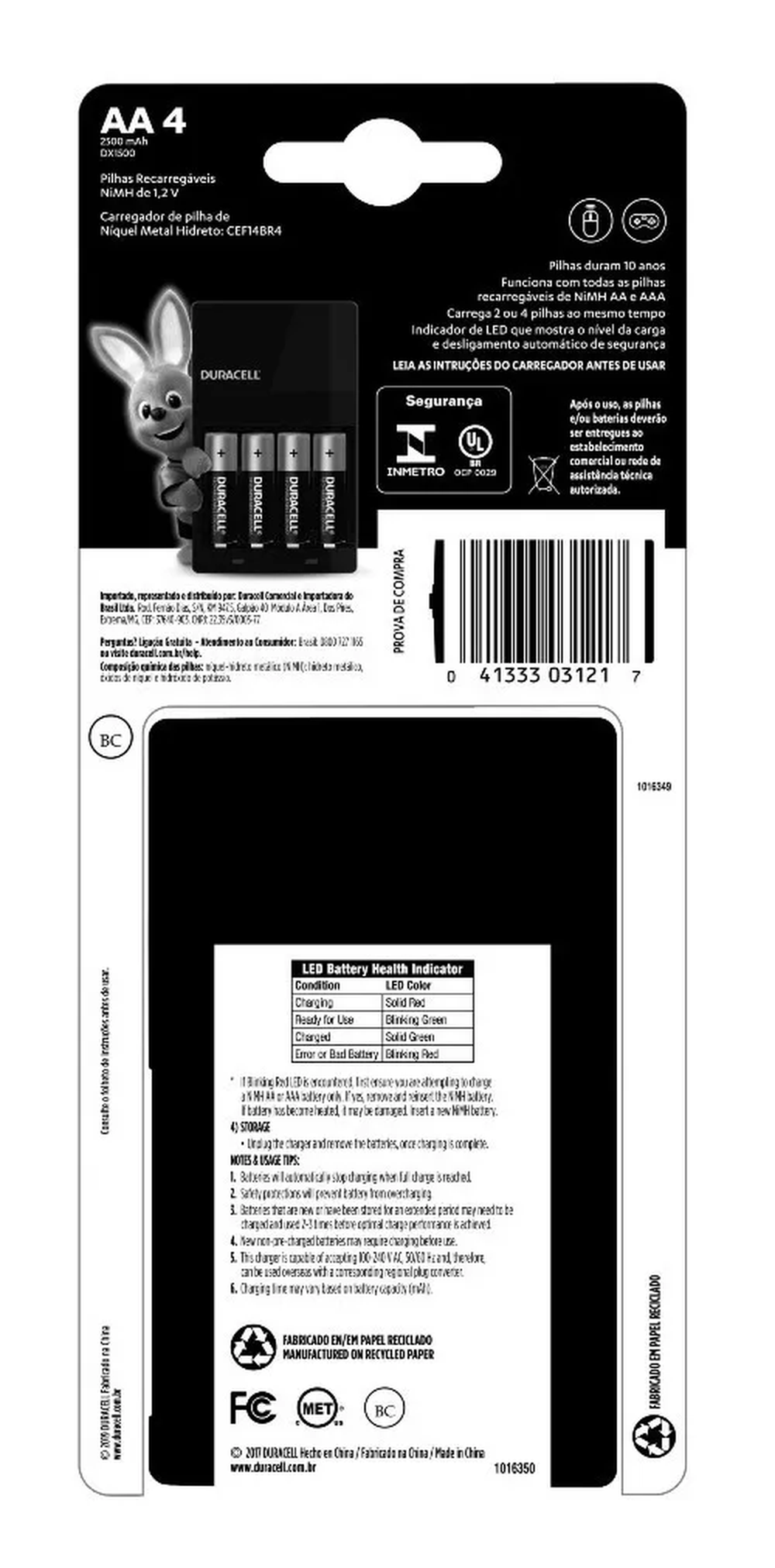 Carregador De Pilhas Recarregáveis Duracell Aa/aaa Com 4 Aa