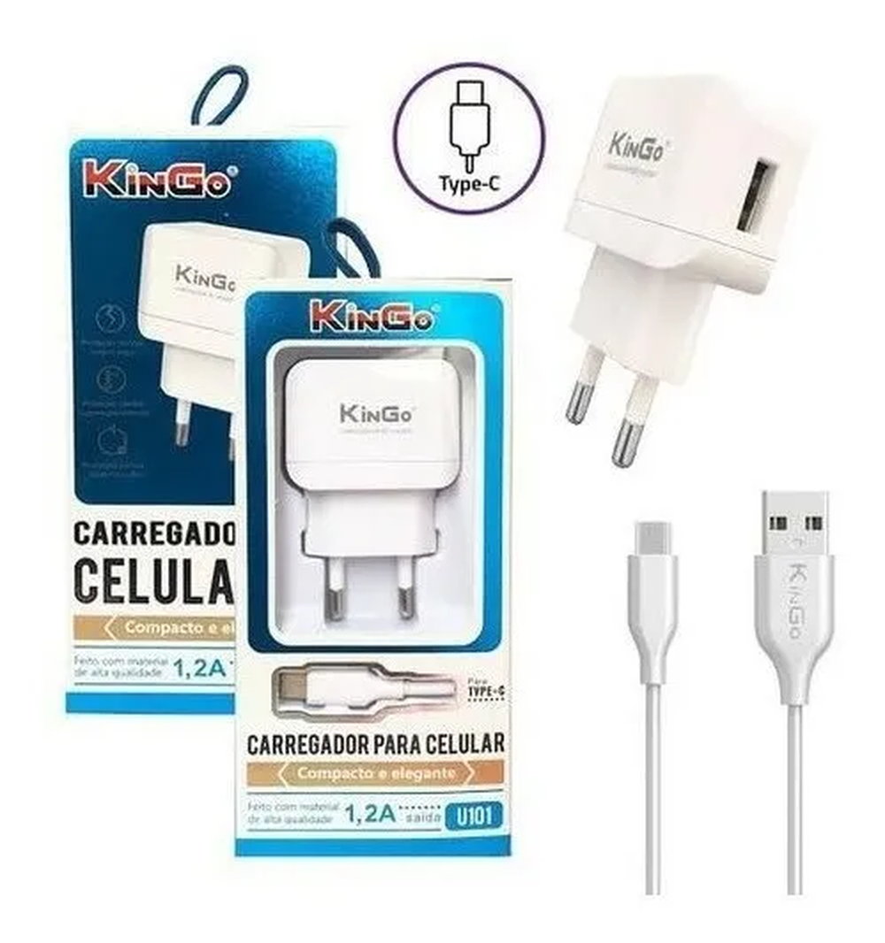 Carregador Tipo C Kingo 2.1A (fonte usb mais cabo dados)