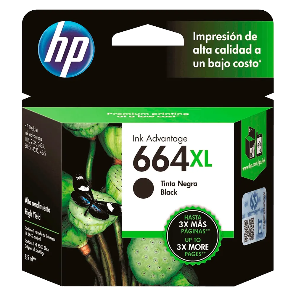 Cartucho de Tinta HP 664 XL Preto - F6V31AB