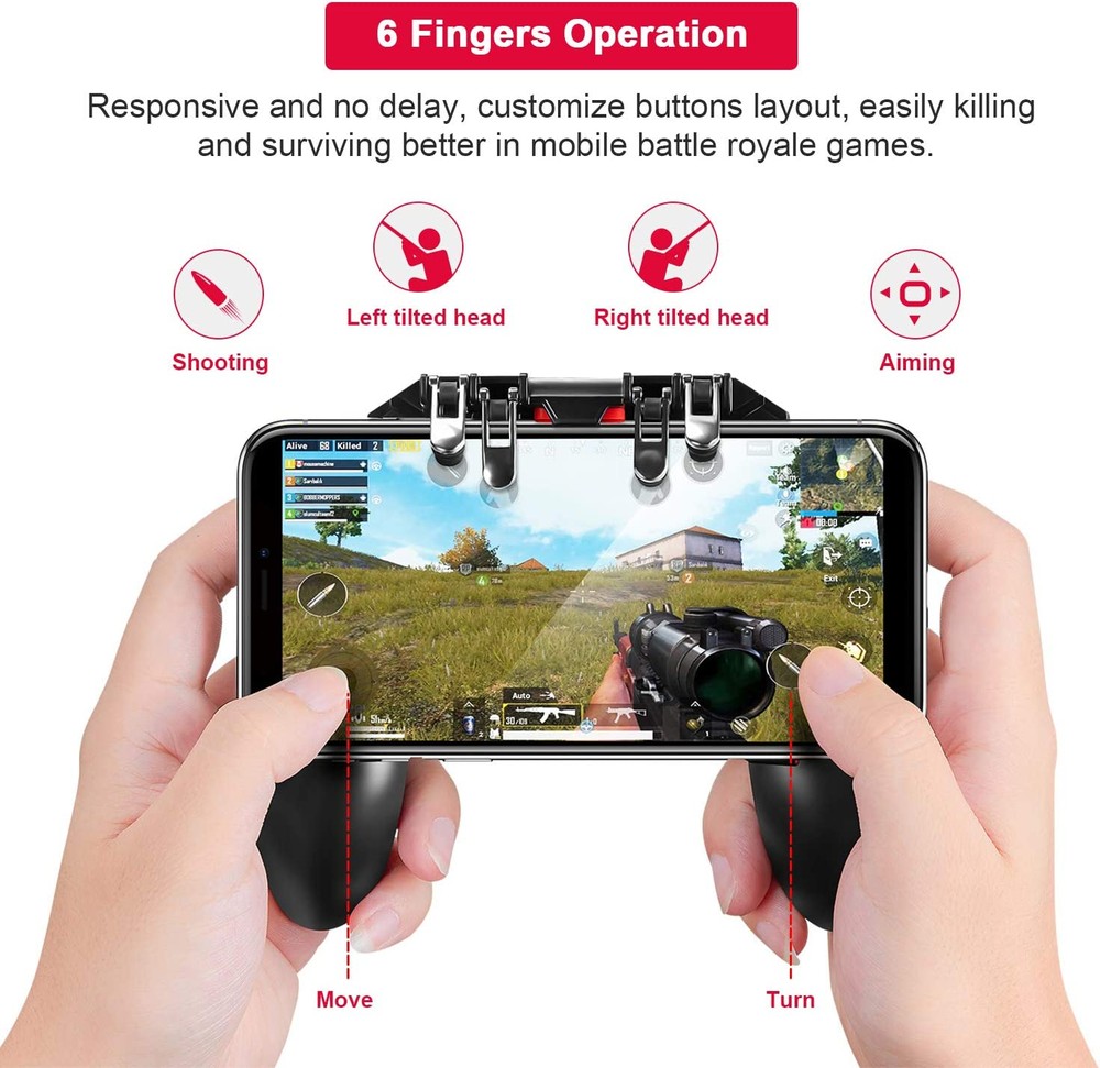 Controlador de jogos móvel com gatilhos L1R1 L2R2, controle móvel PUBG com operação de 6 dedos, controle remoto de joyst