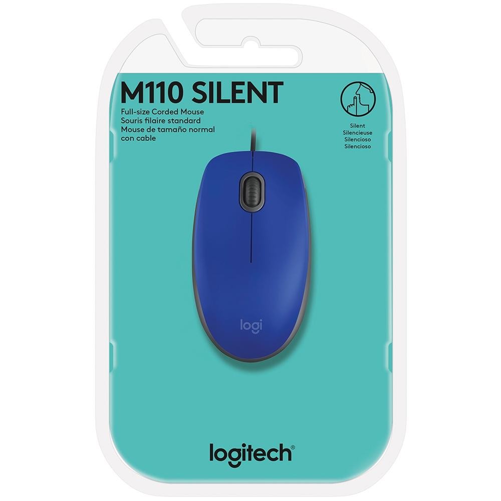 Mouse com fio USB Logitech M110 com Clique Silencioso, Design Ambidestro e Facilidade Plug and Play, Azul