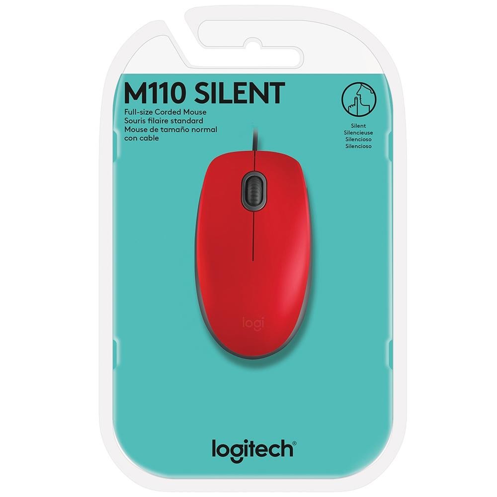 Mouse com fio USB Logitech M110 com Clique Silencioso, Design Ambidestro e Facilidade Plug and Play, Vermelho 