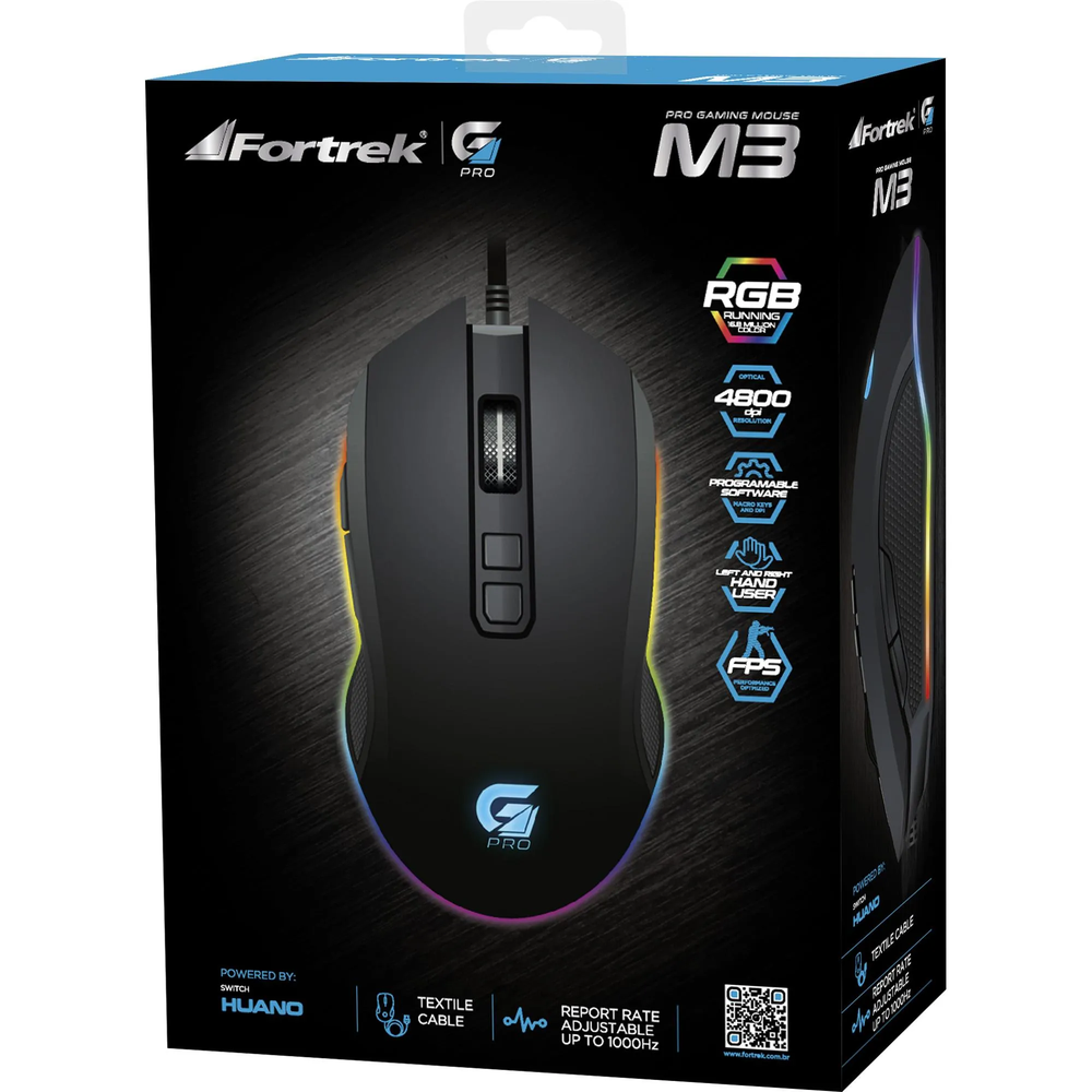 Mouse Gamer Fortrek PRO M3, LED RGB, 4800 DPI, Optical Switch, 7 Botões, Preto