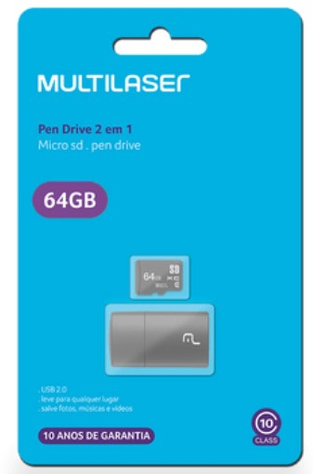 Pen Drive 2 em 1 Leitor USB + Cartão de Memória Classe 10 64GB Preto Multilaser - MC164