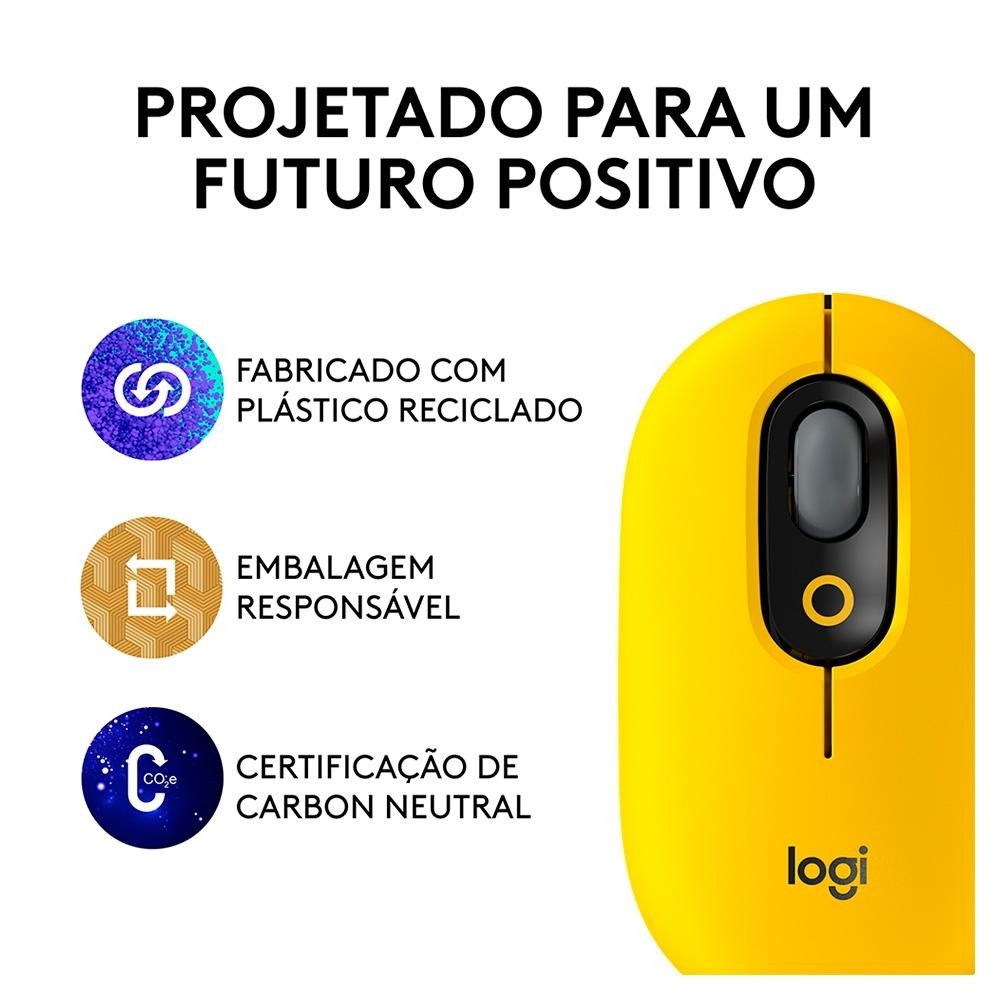 Mouse Sem Fio Logitech POP, 4000 DPI, Botão Emoji Customizável, SilentTouch, Compacto, USB, Bluetooth, Amarelo