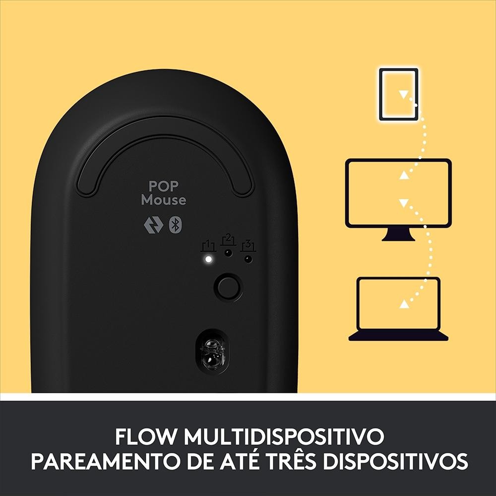 Mouse Sem Fio Logitech POP, 4000 DPI, Botão Emoji Customizável, SilentTouch, Compacto, USB, Bluetooth, Amarelo