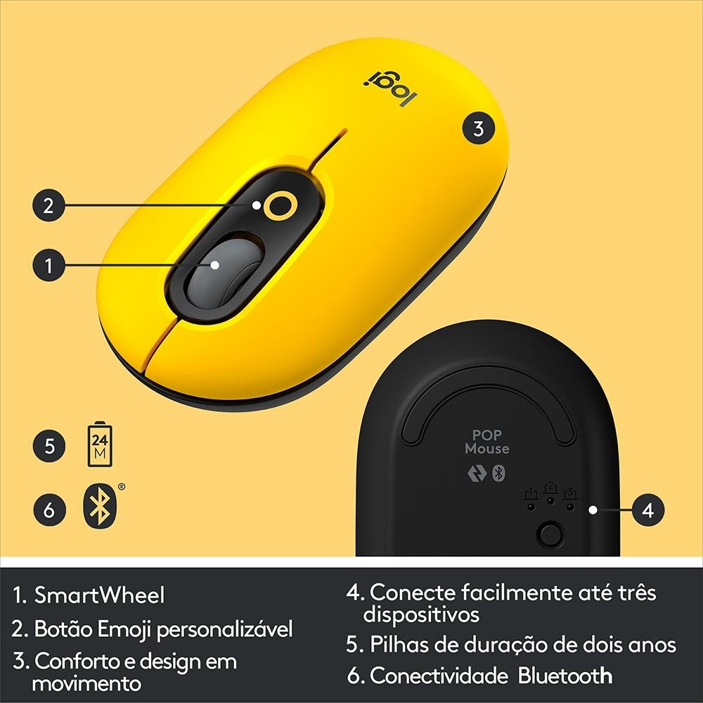 Mouse Sem Fio Logitech POP, 4000 DPI, Botão Emoji Customizável, SilentTouch, Compacto, USB, Bluetooth, Amarelo