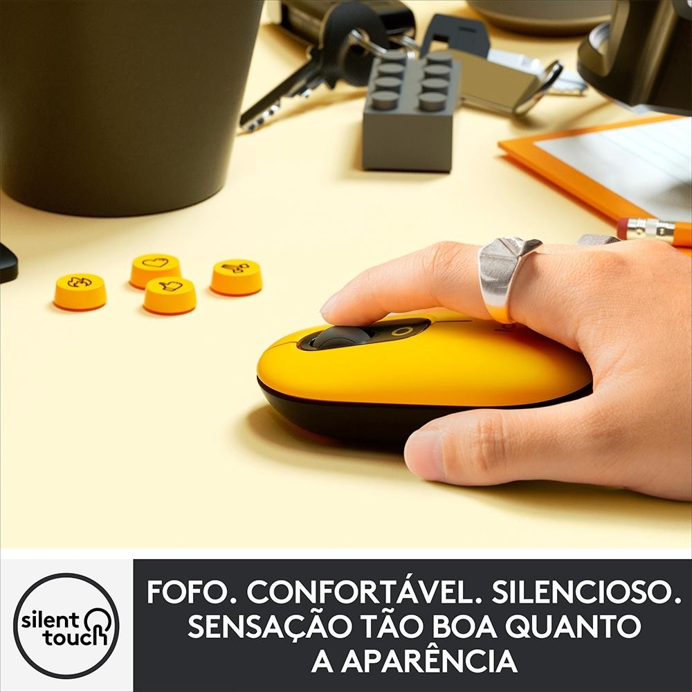 Mouse Sem Fio Logitech POP, 4000 DPI, Botão Emoji Customizável, SilentTouch, Compacto, USB, Bluetooth, Amarelo