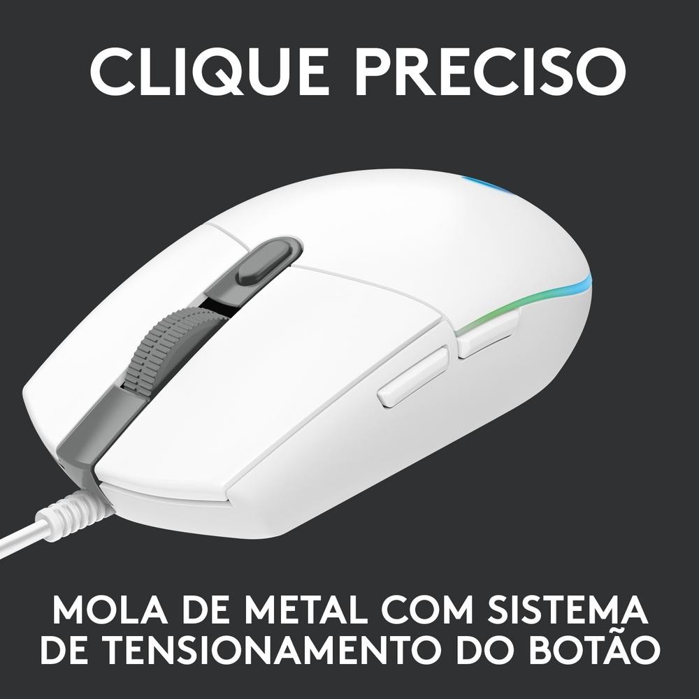 Mouse Gamer Logitech G203 LIGHTSYNC RGB, Efeito de Ondas de Cores, 6 Botões Programáveis e Até 8.000 DPI, Branco