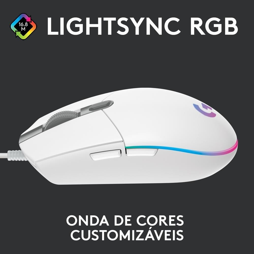 Mouse Gamer Logitech G203 LIGHTSYNC RGB, Efeito de Ondas de Cores, 6 Botões Programáveis e Até 8.000 DPI, Branco