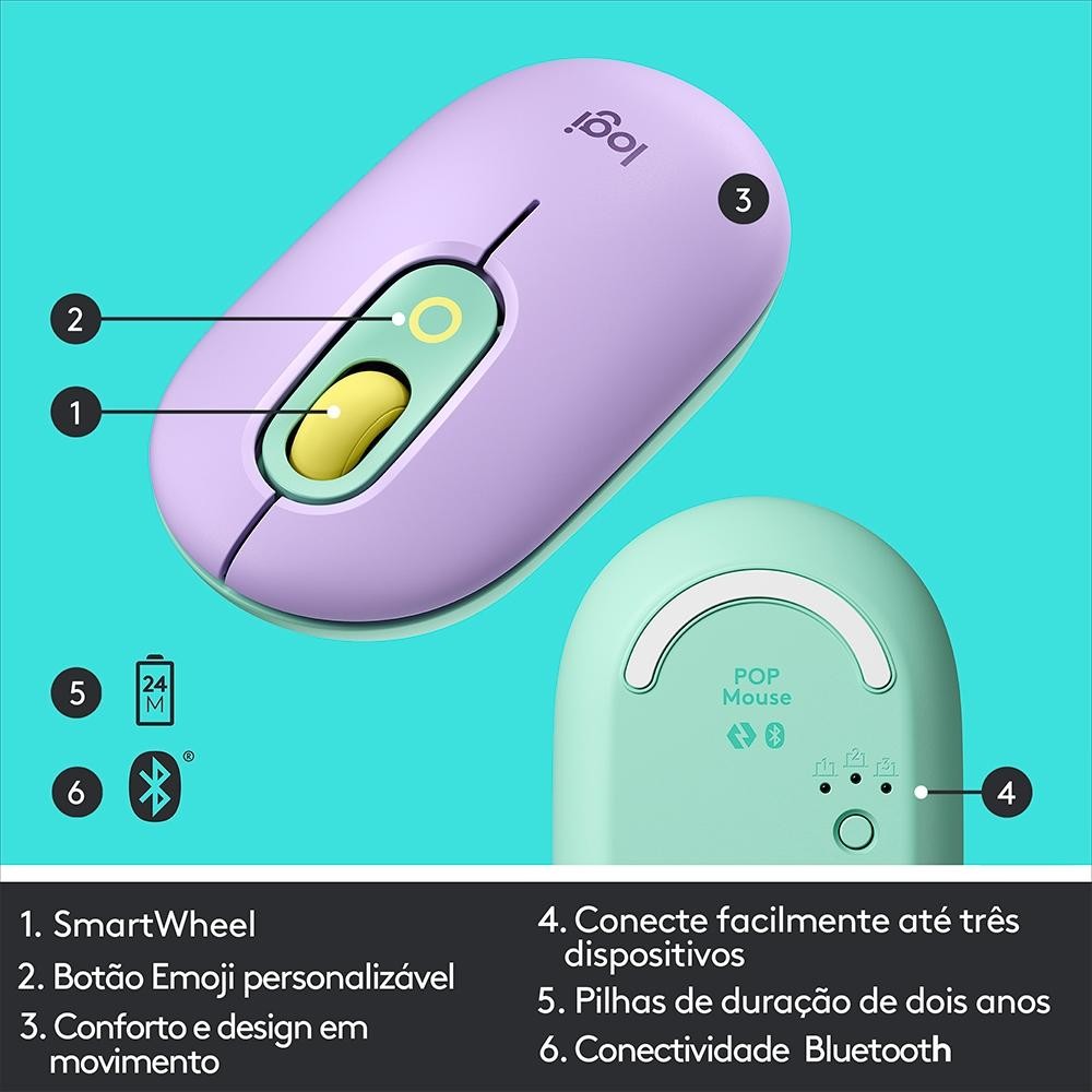 Mouse Sem Fio Logitech POP, 4000 DPI, Botão Emoji Customizável, SilentTouch, Compacto, USB, Bluetooth, Daydream
