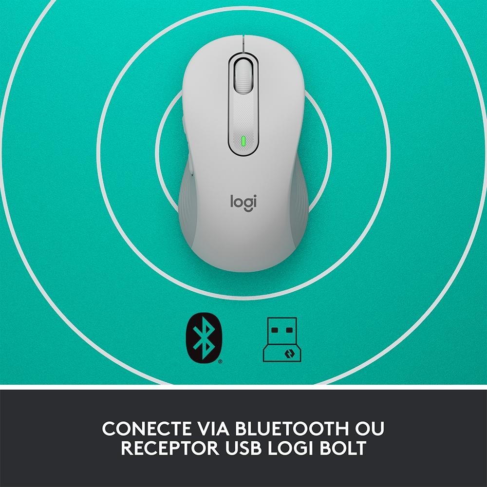 Mouse Sem Fio Logitech Signature M650 Branco, 2000 DPI, Compacto, 5 Botões, Silencioso, Bluetooth, USB