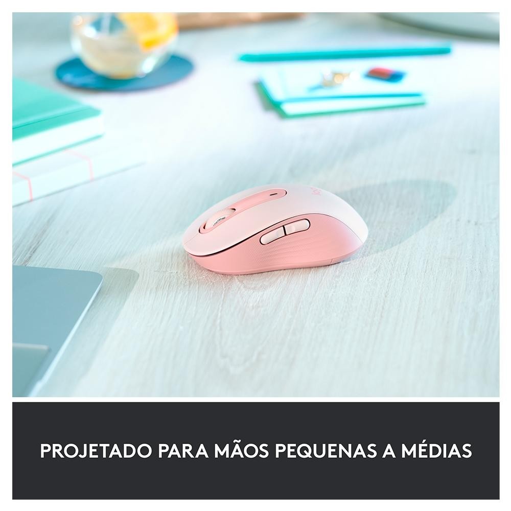 Mouse Sem Fio Logitech Signature M650, 2000 DPI, Rose, Compacto, 5 Botões, Silencioso, Bluetooth, USB