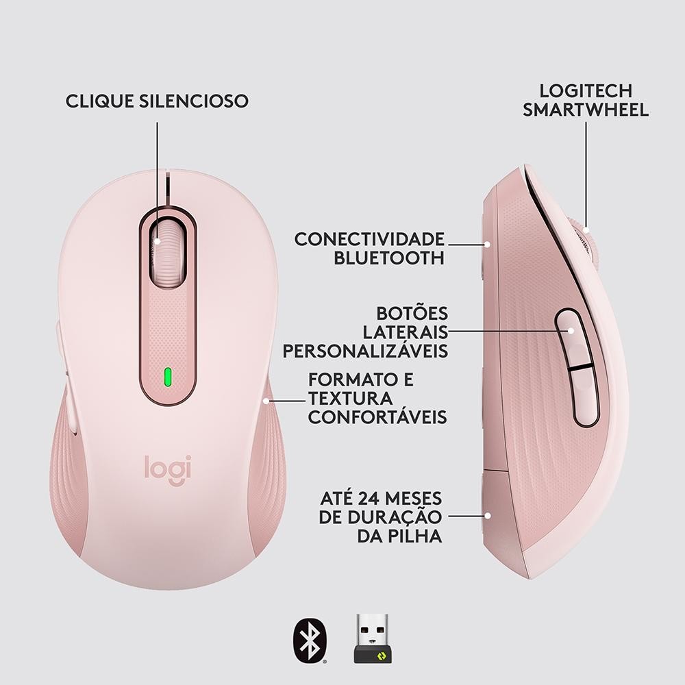 Mouse Sem Fio Logitech Signature M650, 2000 DPI, Rose, Compacto, 5 Botões, Silencioso, Bluetooth, USB