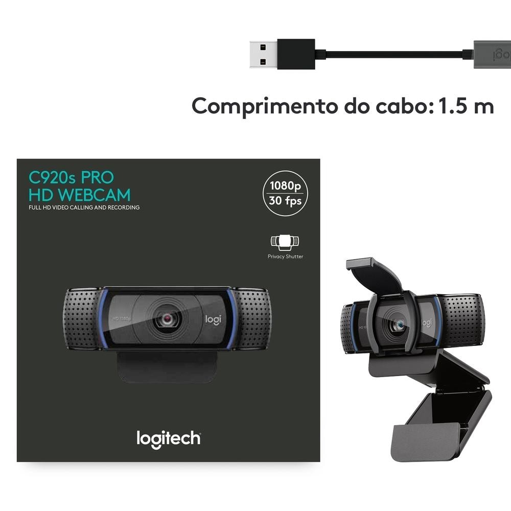 Webcam Full HD Logitech C920s com Microfone Embutido, Widescreen 1080p