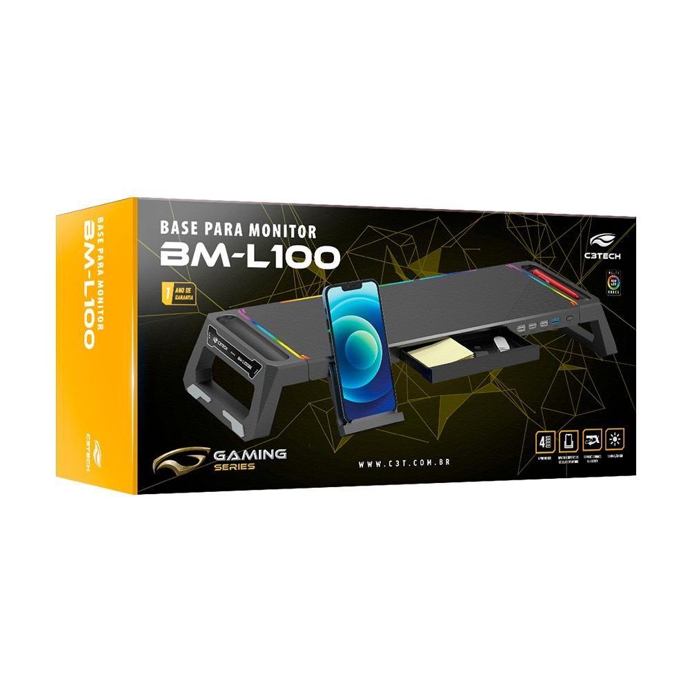 Base para Monitor C3Tech, BM-L100BK, RGB, 1 Saída USB 3.0 e 3 Saídas USB 2.0, Preto 