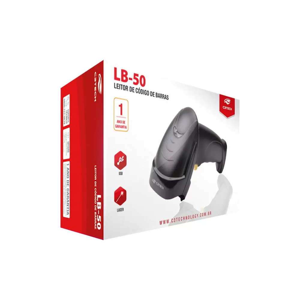 Leitor de Código de Barras C3Tech LB-50BK, USB, Ergonômico, C/ Suporte