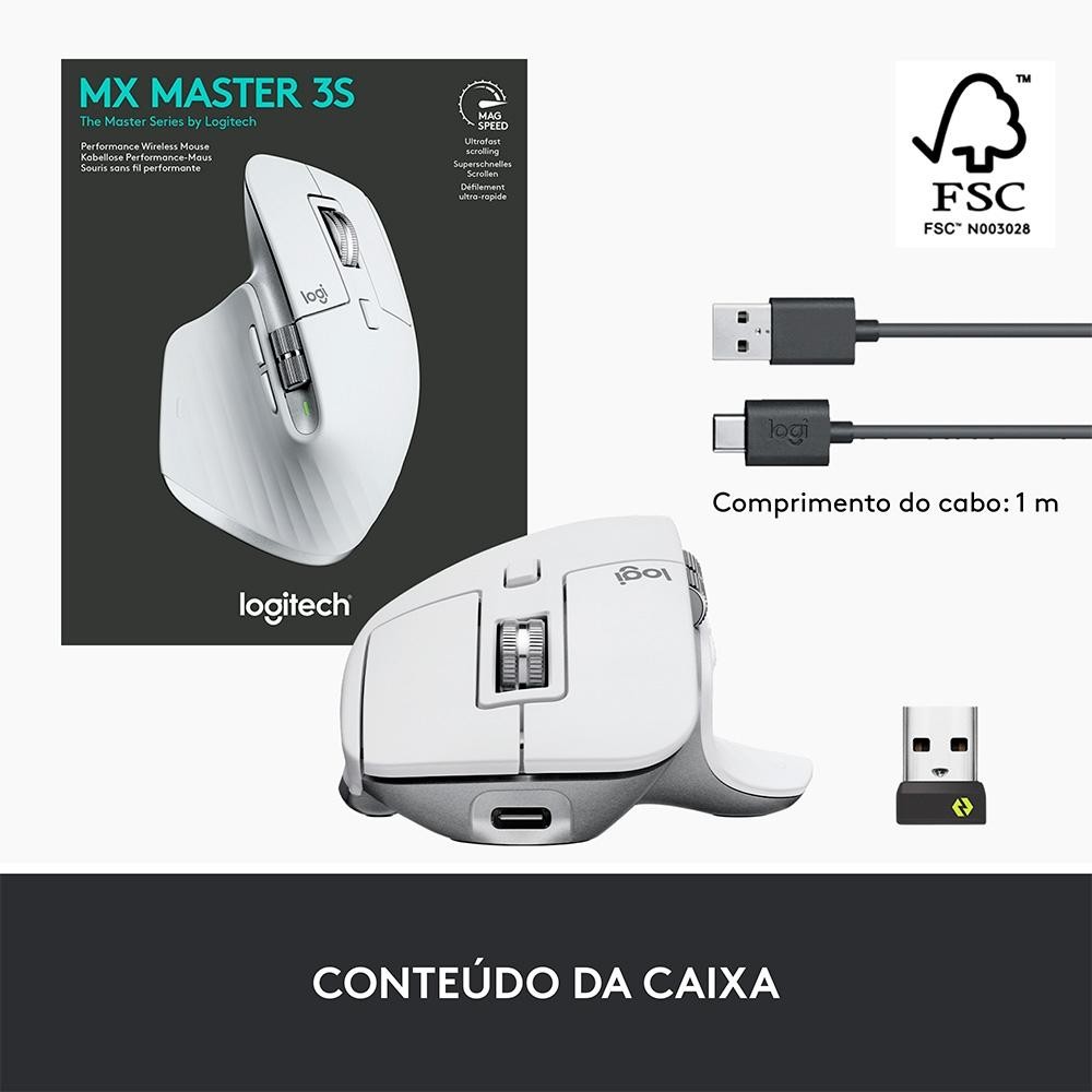 Mouse Sem Fio Logitech MX Master 3S, 8000 DPI, Bluetooth, USB, para Uso em Qualquer Superfície, Clique Silencioso, Cinza