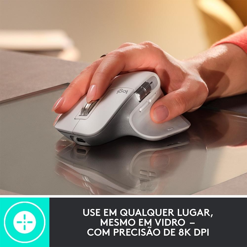 Mouse Sem Fio Logitech MX Master 3S, 8000 DPI, Bluetooth, USB, para Uso em Qualquer Superfície, Clique Silencioso, Cinza