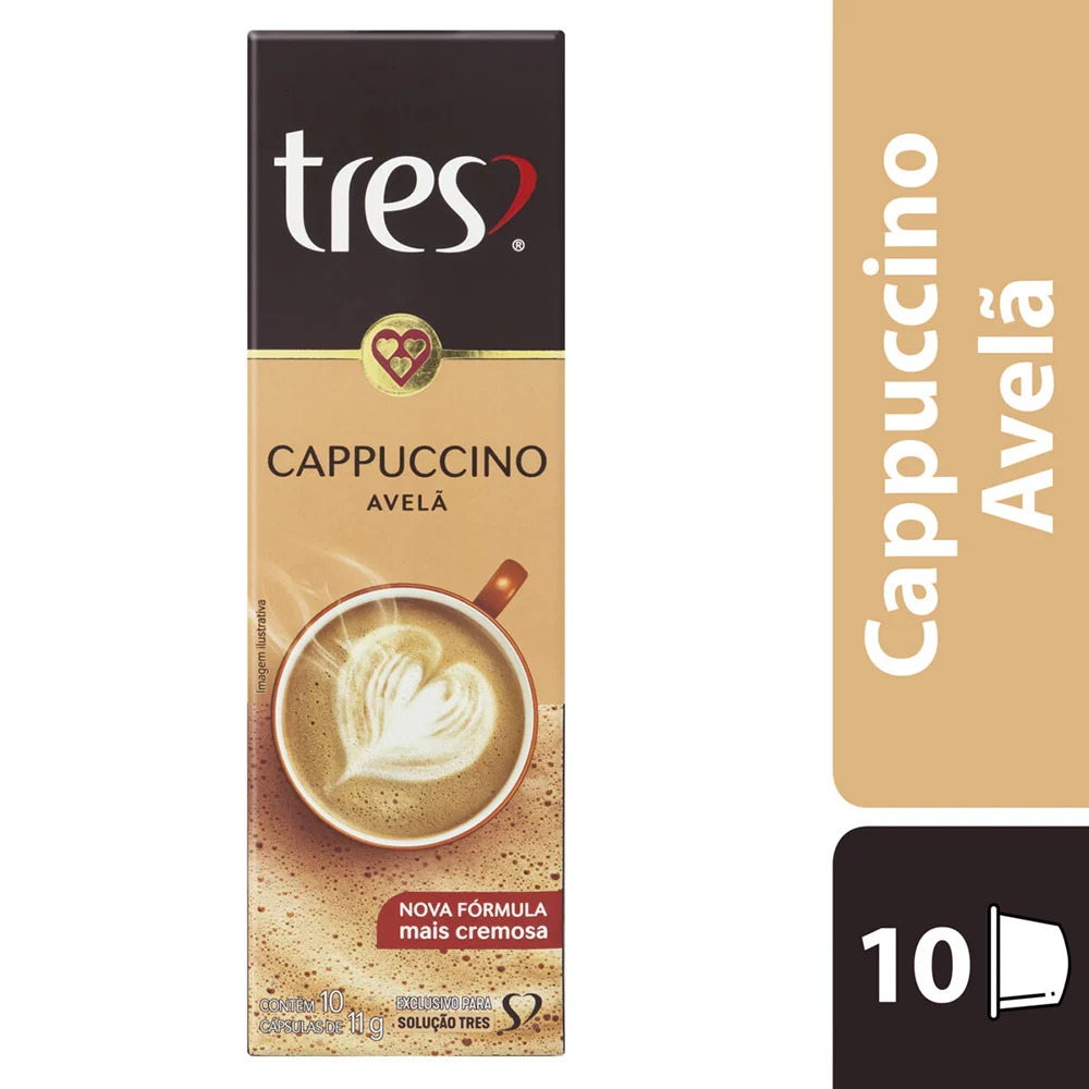 Cápsula de cappuccino, Avelã, Compatível com Cafeteira Tres, 3 Tres corações - CX 10 UN