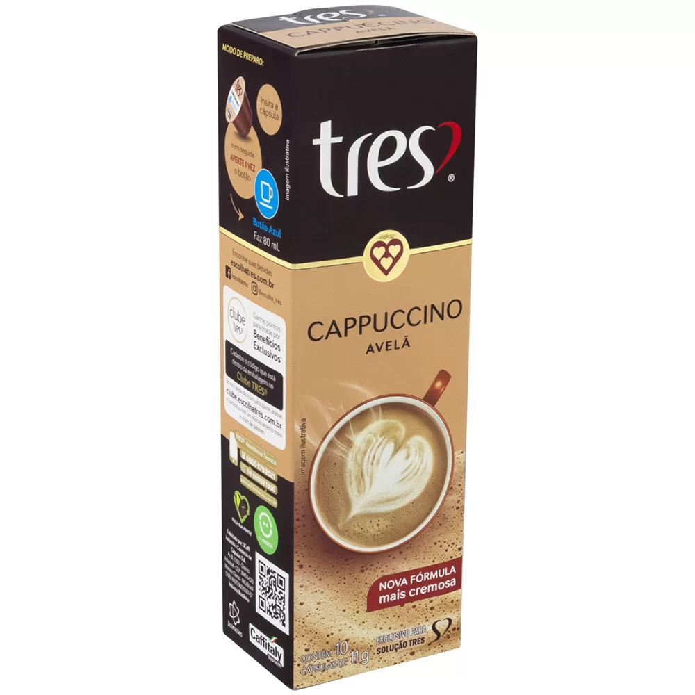 Cápsula de cappuccino, Avelã, Compatível com Cafeteira Tres, 3 Tres corações - CX 10 UN