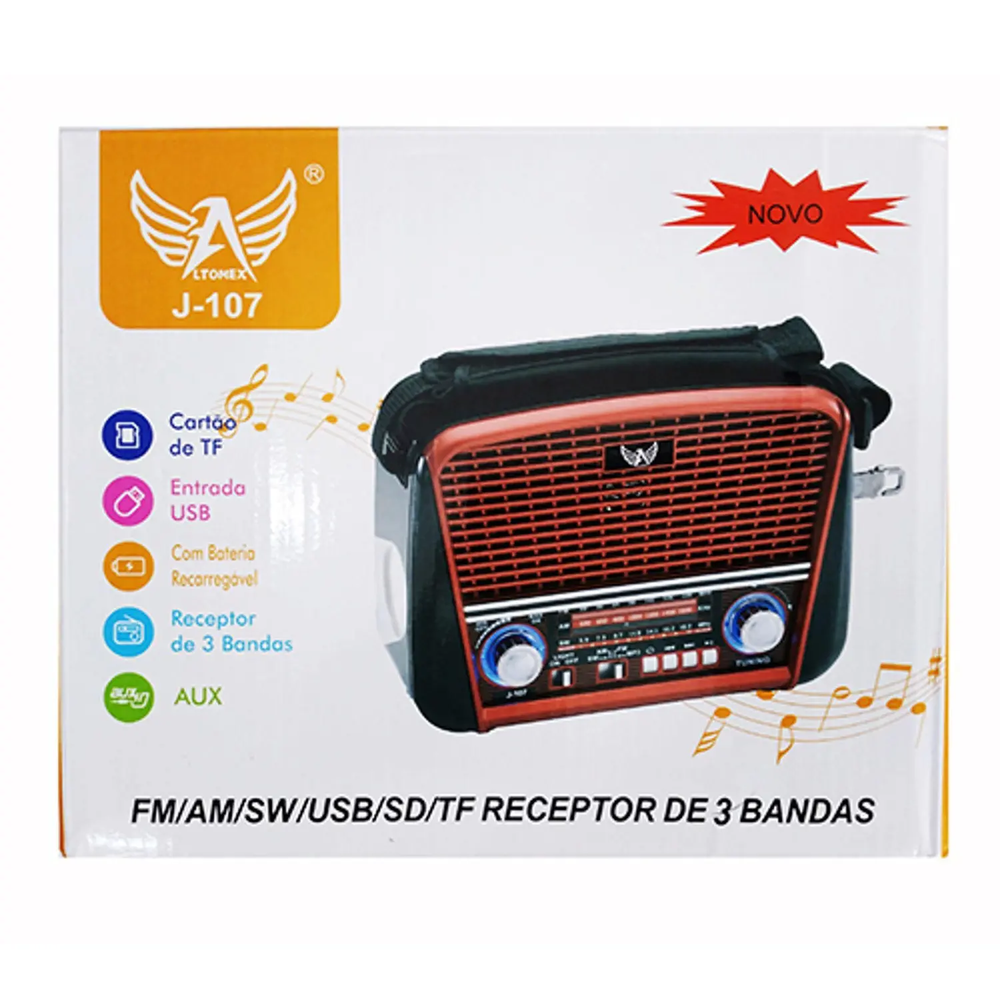 Rádio Retrô Receptor de 3 Bandas Bivolt AM - FM- SW JD-107 - ALTOMEX