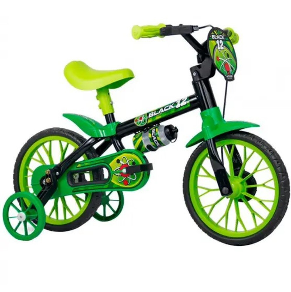 Bicicleta Infantil Aro 12 Nathor Cairu Preto com Verde, Rodinhas Laterais