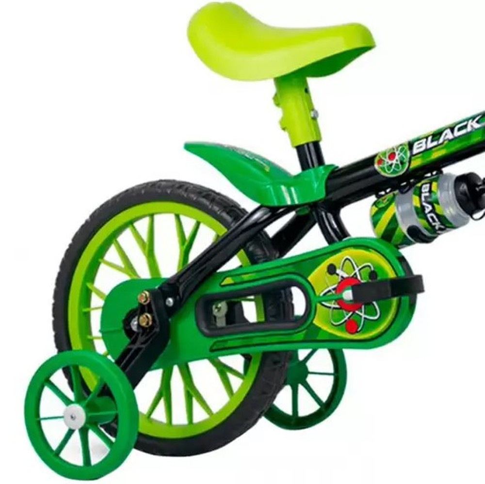 Bicicleta Infantil Aro 12 Nathor Cairu Preto com Verde, Rodinhas Laterais