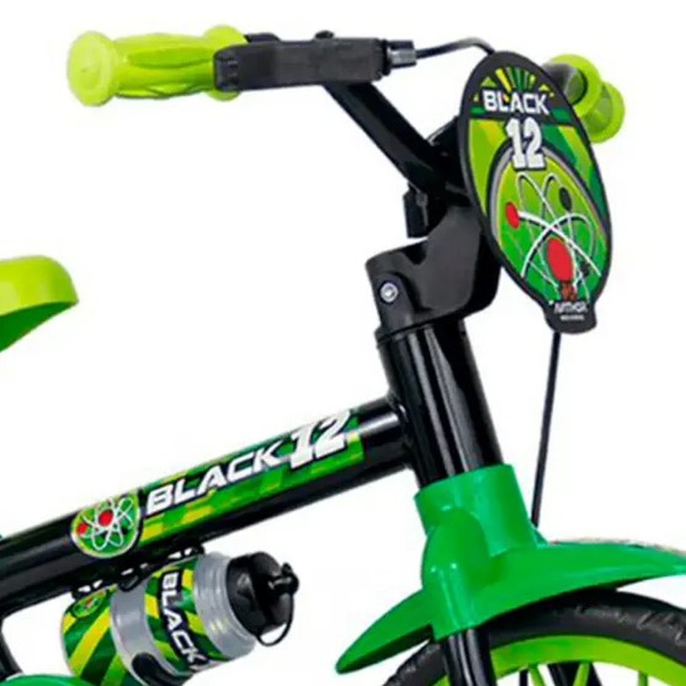 Bicicleta Infantil Aro 12 Nathor Cairu Preto com Verde, Rodinhas Laterais
