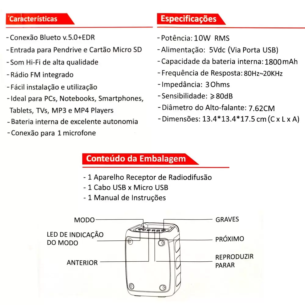 Caixa de Som Sem Fio Portátil com FM Alça para Carregar Grasep D-3139 Preta