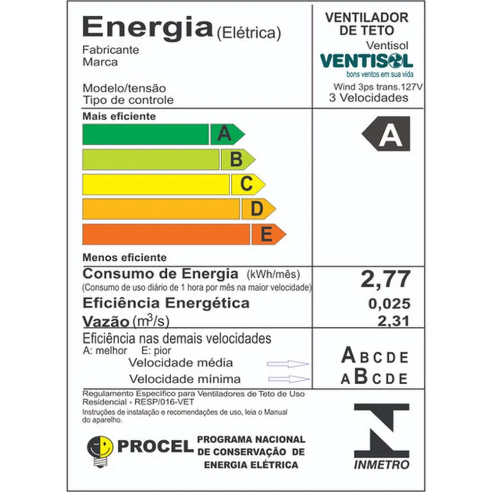 Ventilador De Teto Wind Ventisol, 130 Watts, 3 Velocidades, Lustre para Lâmpada