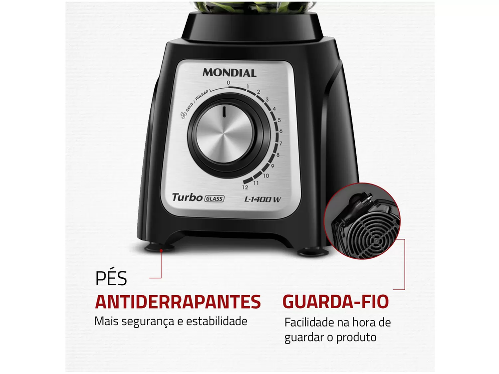 Liquidificador Mondial Turbo Glass L-1400 GI - Copo de Vidro 12 Velocidades 1400W Preto