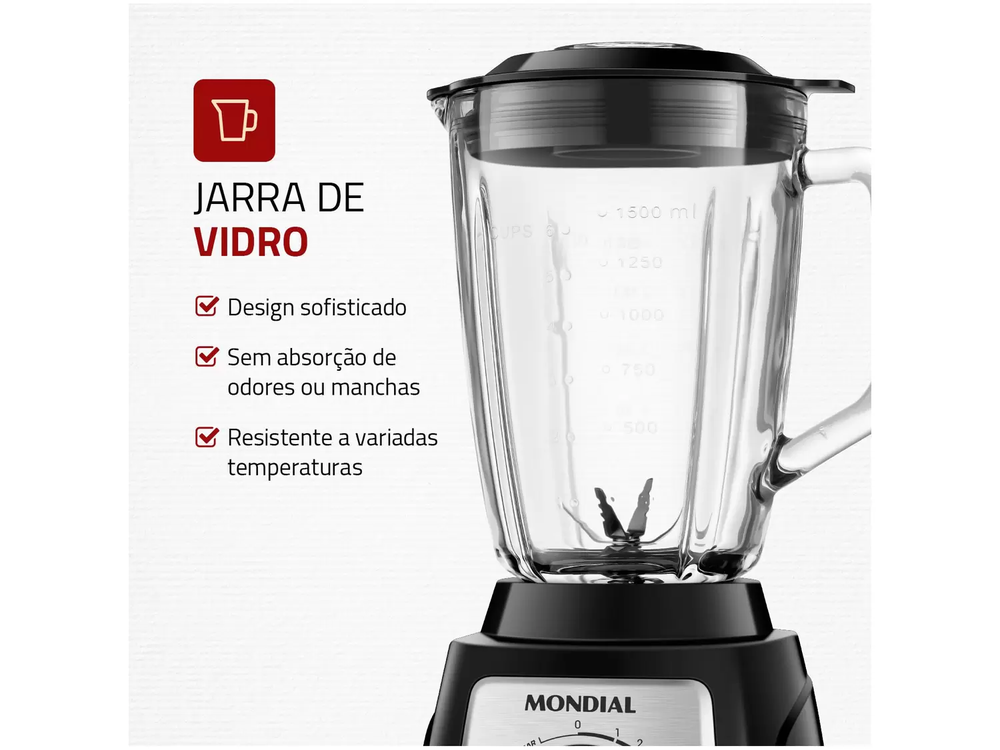 Liquidificador Mondial Turbo Glass L-1400 GI - Copo de Vidro 12 Velocidades 1400W Preto