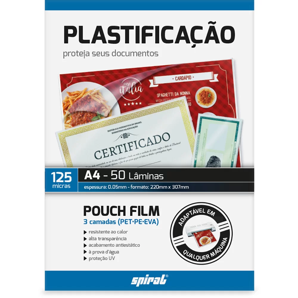 Plástico para plastificação, 125 Micras, 220mm x 307mm x 0,05mm, A4, 02427, Spiral - PT 50 UN