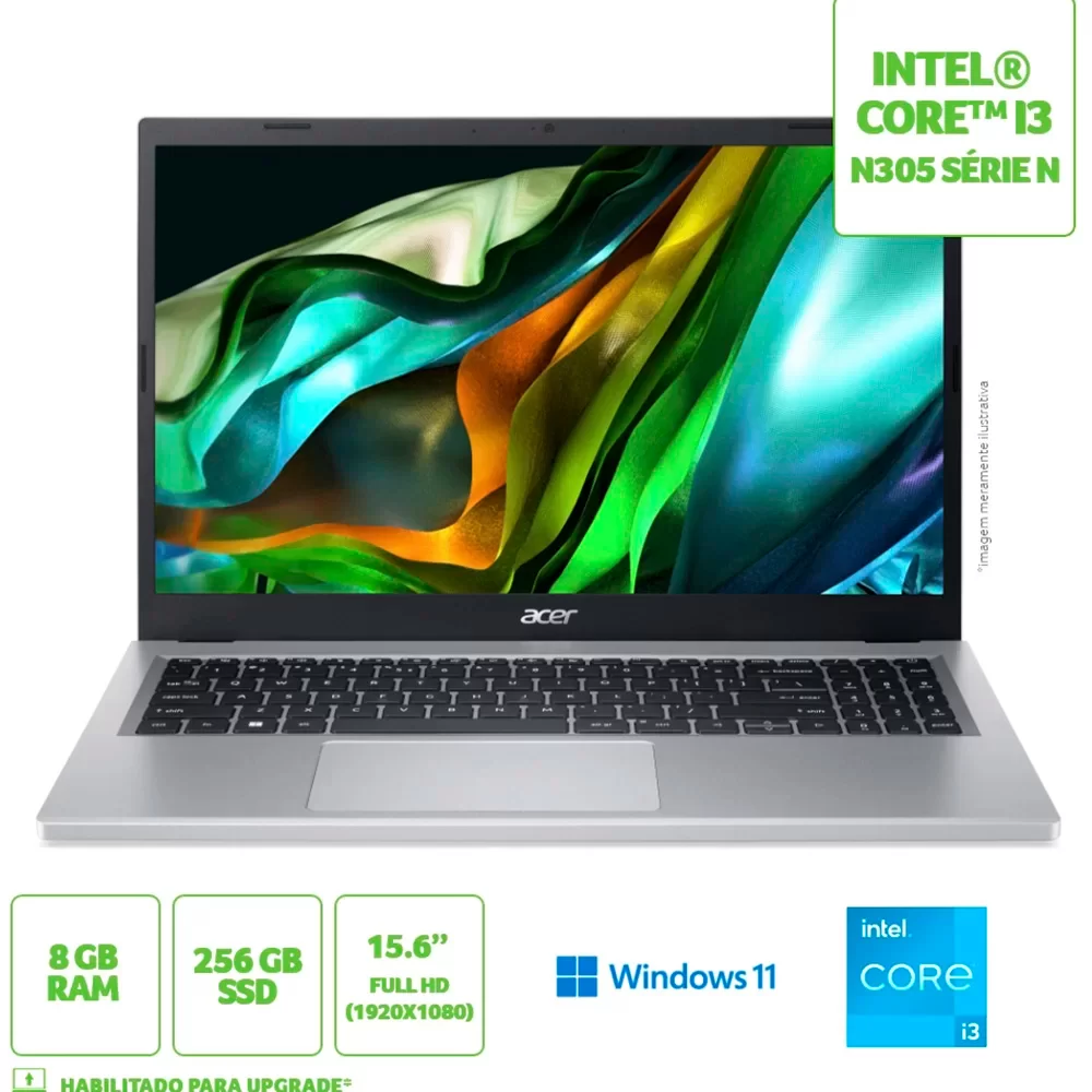 Notebook Aspire 3, A315-510P-34XC, Processador Intel Core I3, Windows 11 Home, 8GB de Memória, 256GB SSD de Armazenament