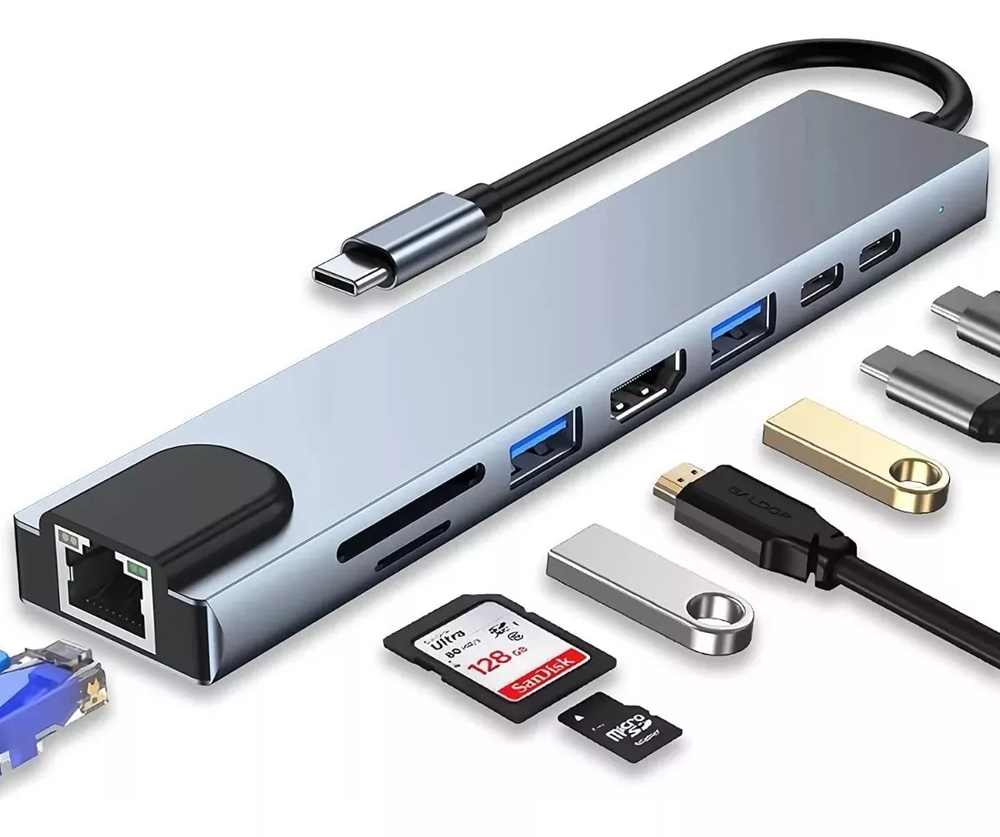 Adaptador Hub Tipo-c 8 Em 1 Hdmi 4k Lan Usb 3.0 Sd/tf