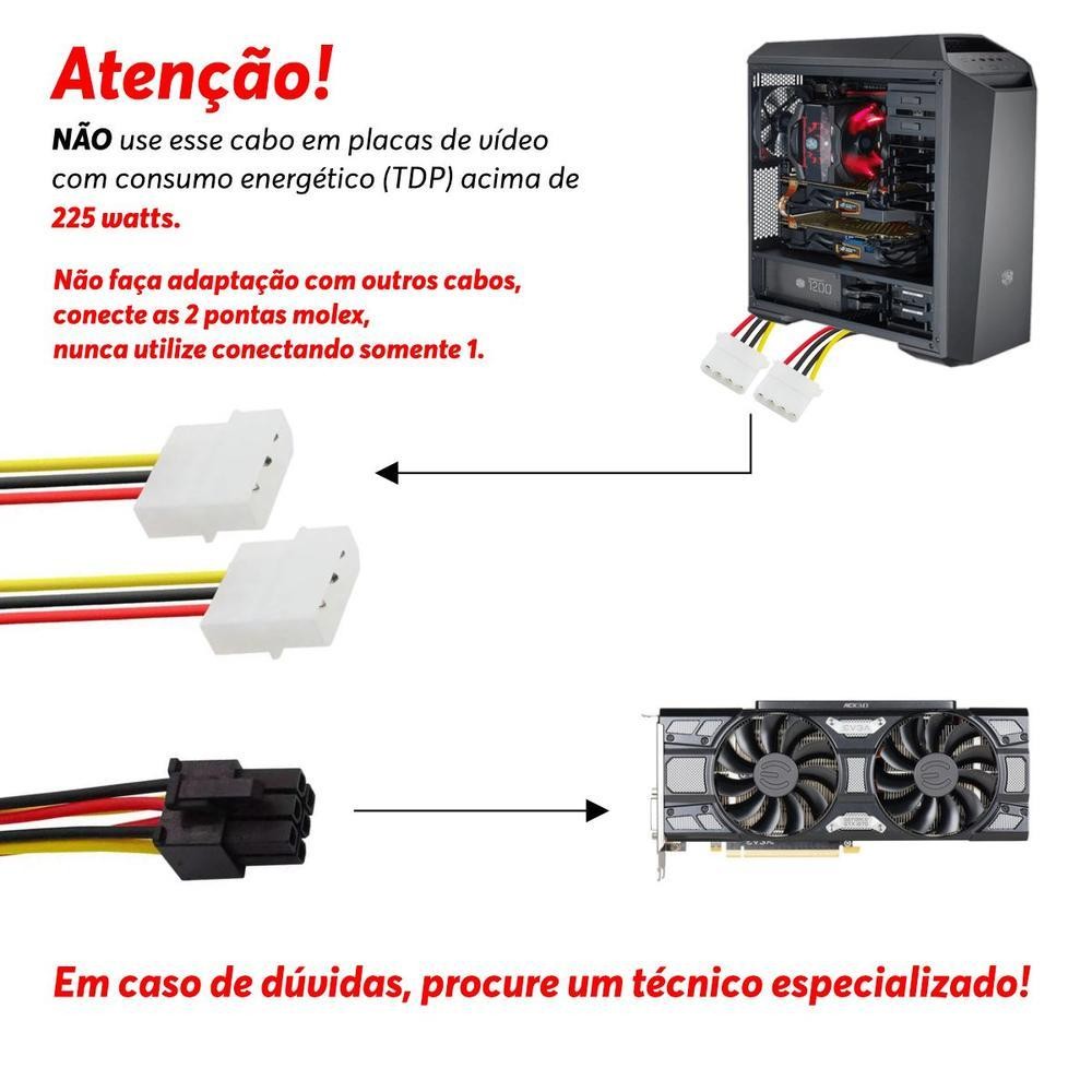 Cabo Adaptador Energia/Alimentação 2x Molex Macho, Para Pci-e Pci Express, 6 Pinos