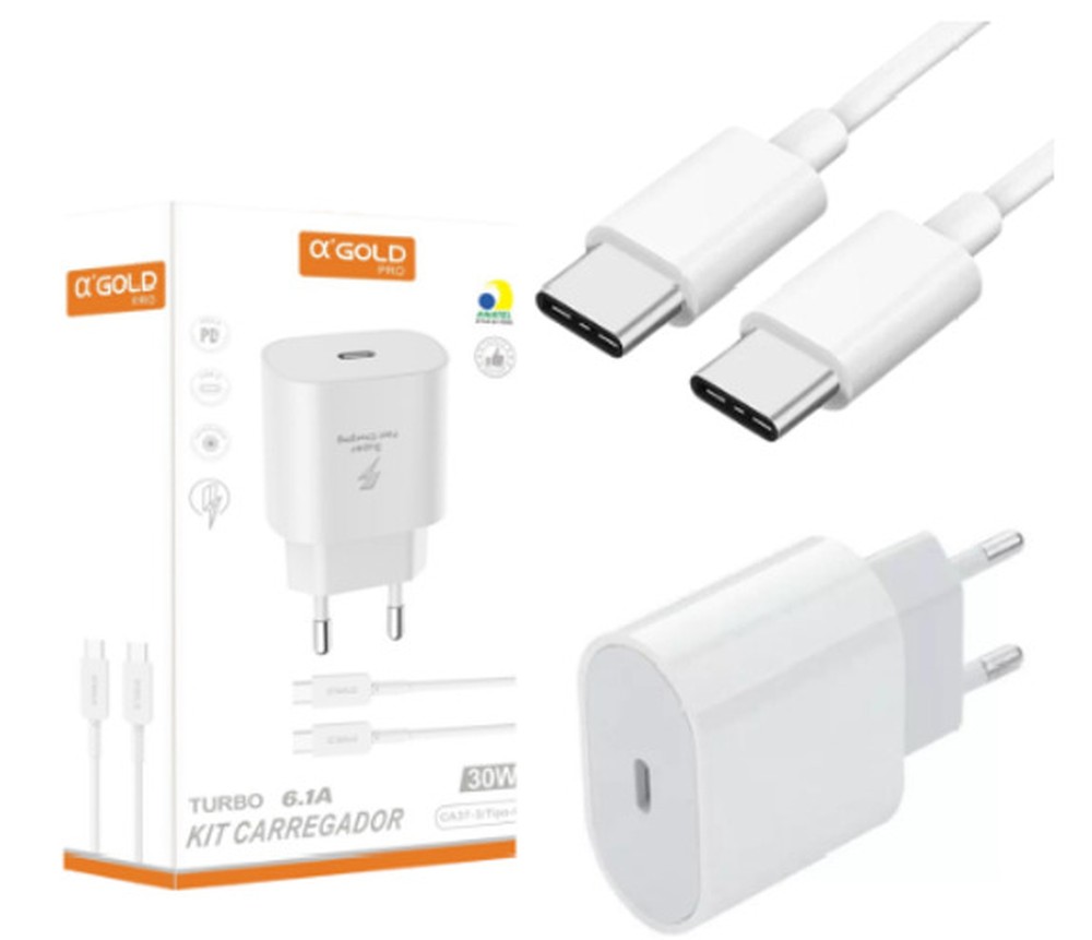 Fonte Carregadora USB-C Turbo 30w entrada Tipo C + Cabo Tipo C para Tipo C a'Gold CA37