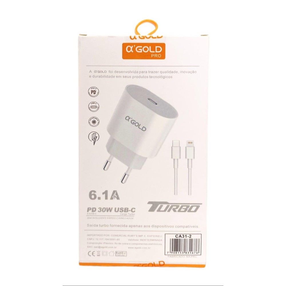 Fonte Carregador Completo Tipo C Para Lightning Turbo 30W A'Gold CA31-2 (iphone)