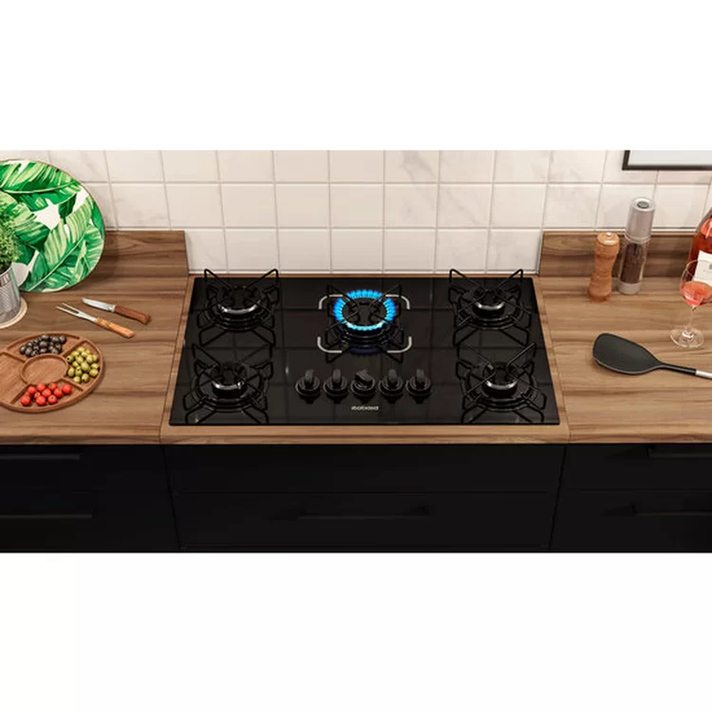 Cooktop a Gás 5 Bocas Itatiaia Essencial, Mesa de Vidro Temperado, Preto Bivolt