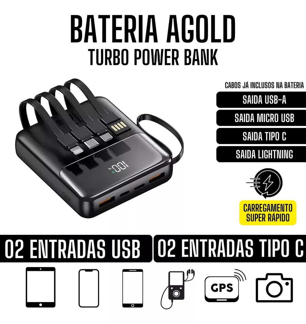 Carregador Portátil Power Bank 10000mah Turbo Android E Ios AGold BTE-48