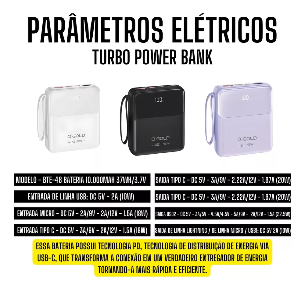 Carregador Portátil Power Bank 10000mah Turbo Android E Ios AGold BTE-48