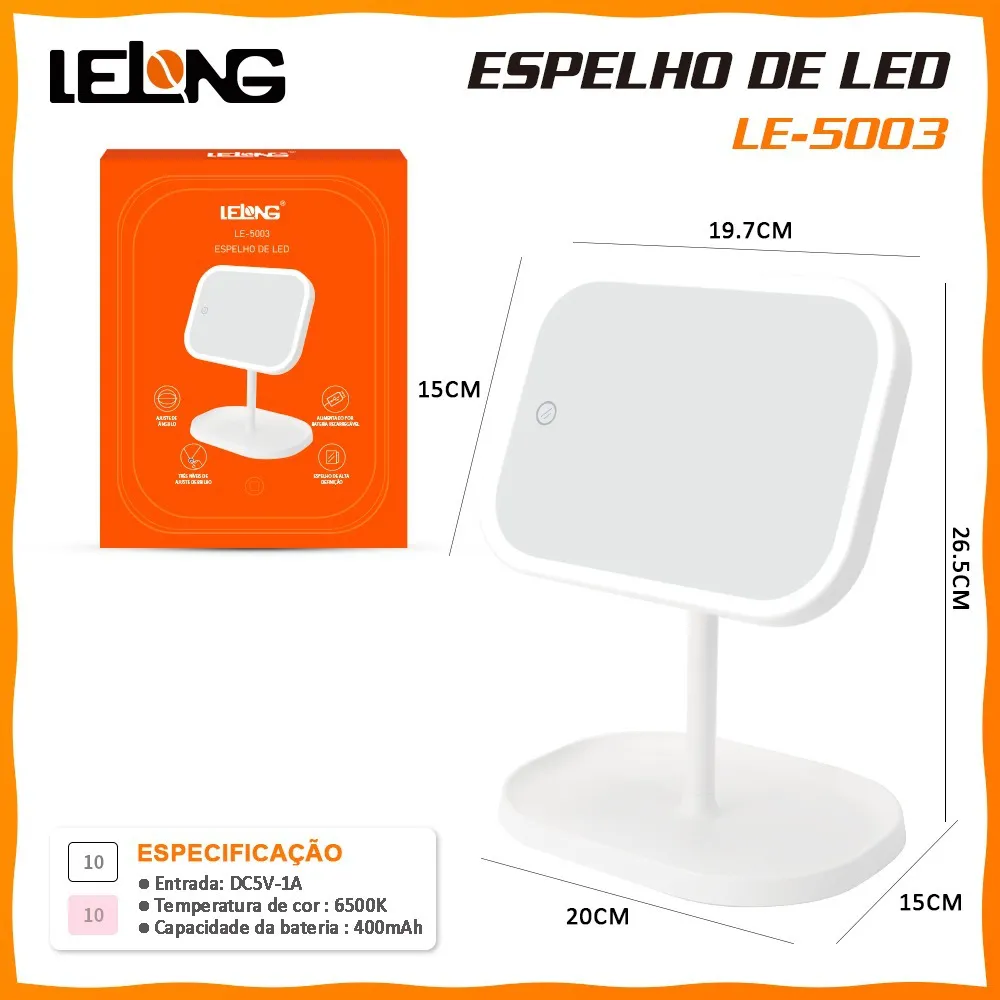 Espelho De Mesa Com Led para Maquiagem, Portátil e Recarregável LE-5003