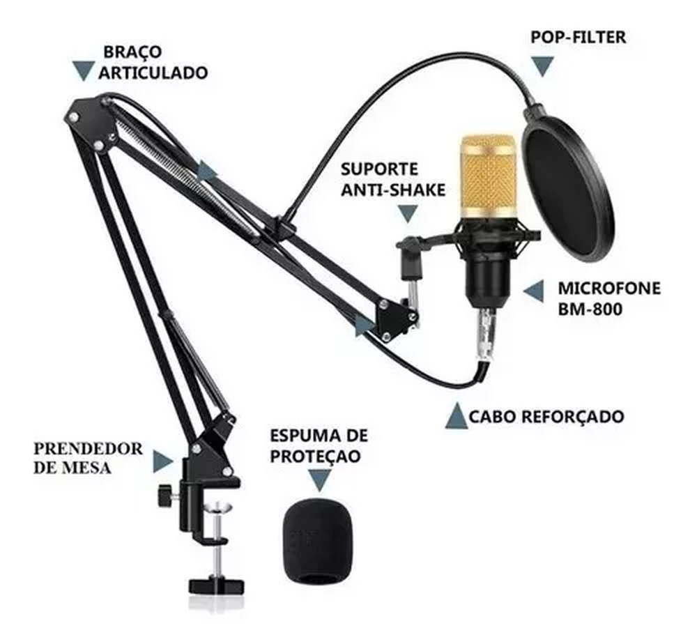 Kit Microfone Condensador Studio Gravação YouTuber Gamers LE-914 Completo