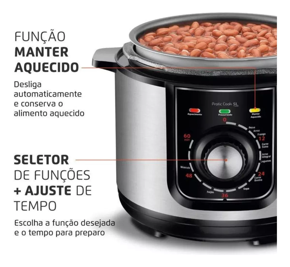 Panela De Pressão Elétrica Pratic Cook Premium PE-48-5L-I 5 L Cor Preto Mondial 220v