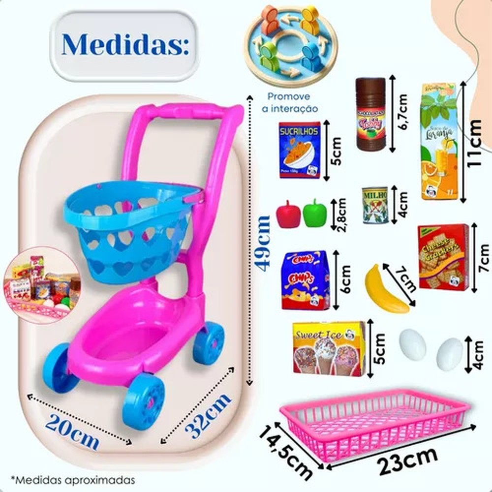 Brinquedo Carrinho de Mercado Infantil mais Comidinhas Frutas 26pçs