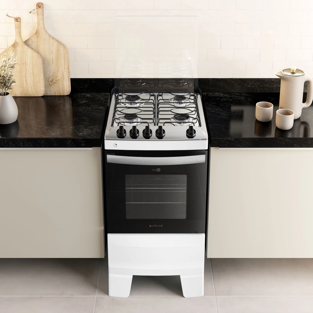 Fogão 4 Bocas Branco com Mesa Inox Atlas Agile Up Bivolt