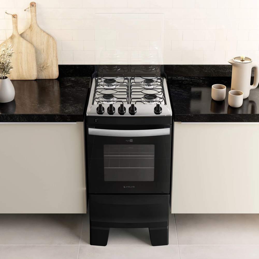 Fogão 4 Bocas Preto com Mesa Inox Atlas Agile Up Bivolt