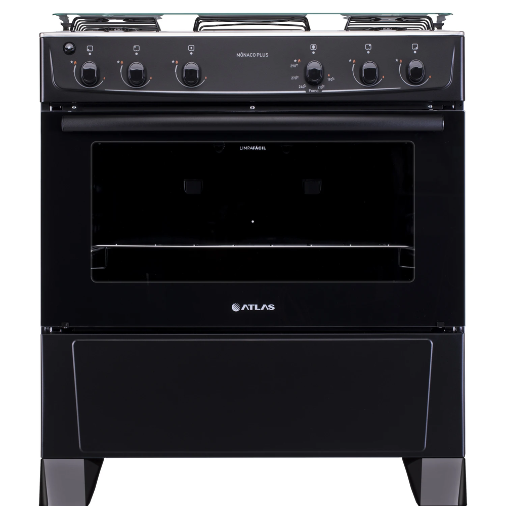 Fogão 5 Bocas Preto com Mesa Inox Atlas Mônaco Plus Bivolt