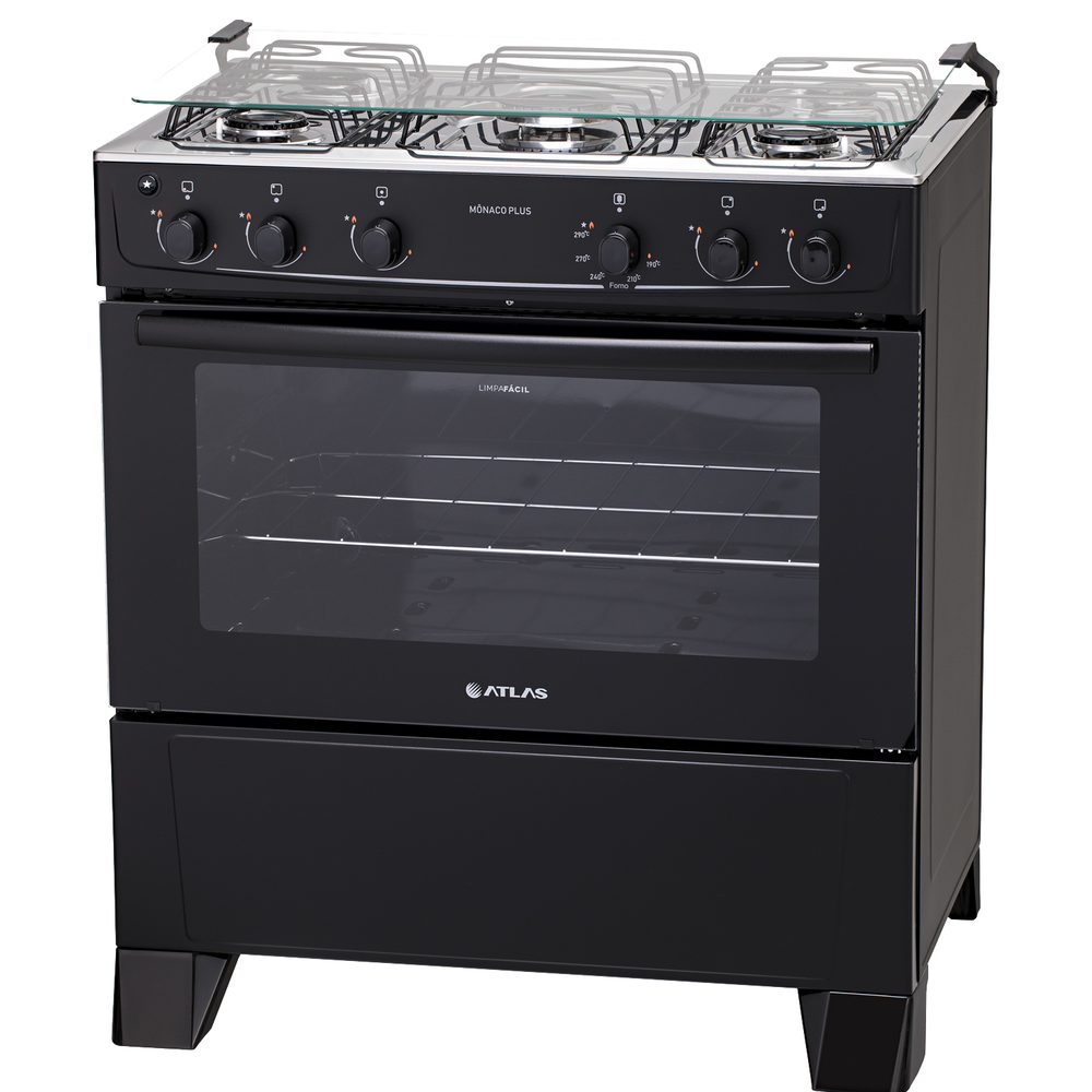 Fogão 5 Bocas Preto com Mesa Inox Atlas Mônaco Plus Bivolt